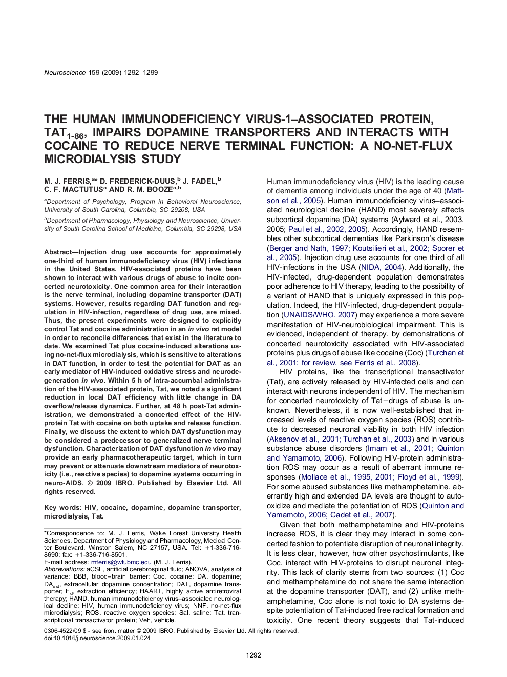 The human immunodeficiency virus-1–associated protein, Tat1-86, impairs dopamine transporters and interacts with cocaine to reduce nerve terminal function: A no-net-flux microdialysis study