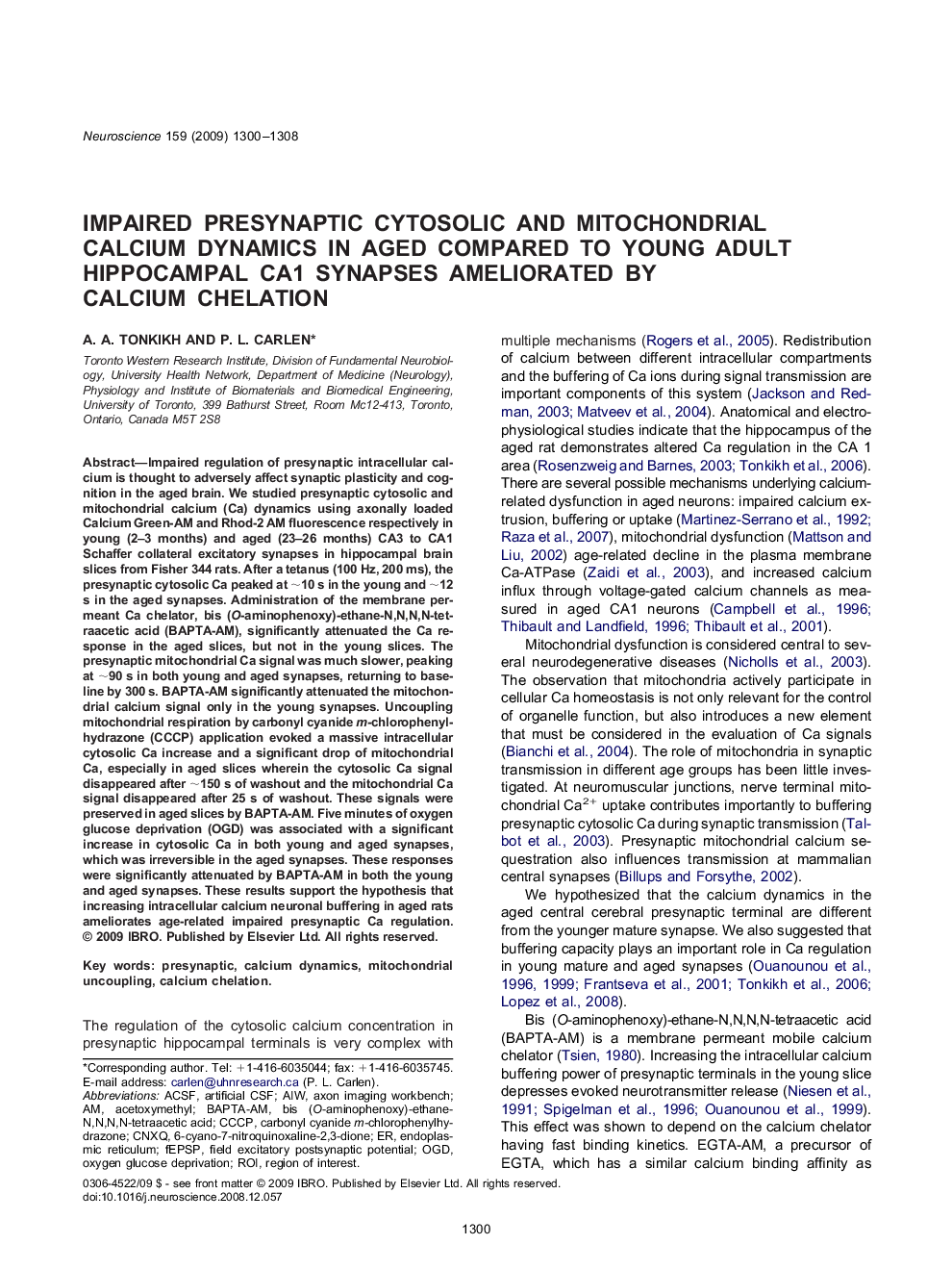 Impaired presynaptic cytosolic and mitochondrial calcium dynamics in aged compared to young adult hippocampal CA1 synapses ameliorated by calcium chelation