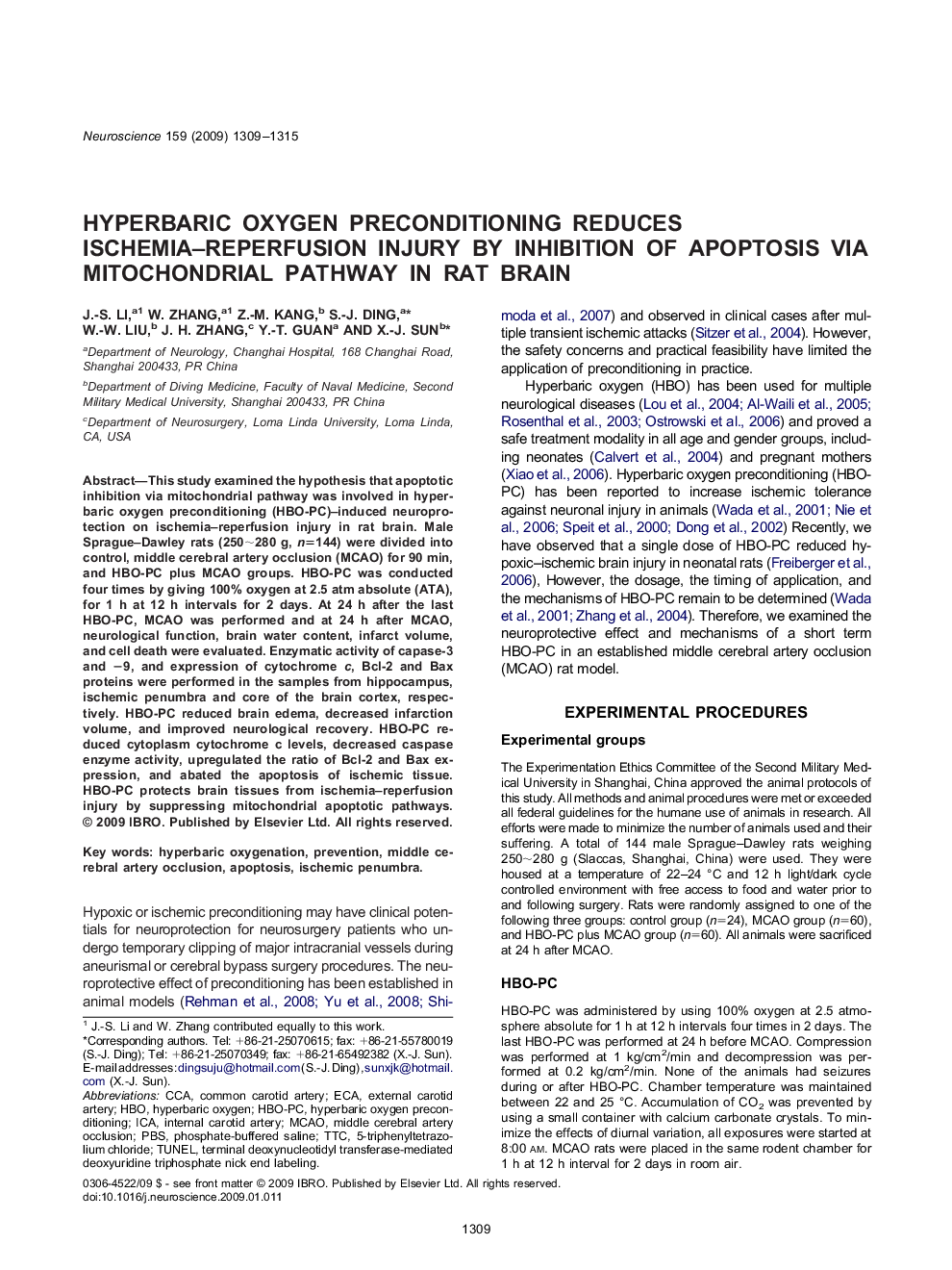 Hyperbaric oxygen preconditioning reduces ischemia–reperfusion injury by inhibition of apoptosis via mitochondrial pathway in rat brain