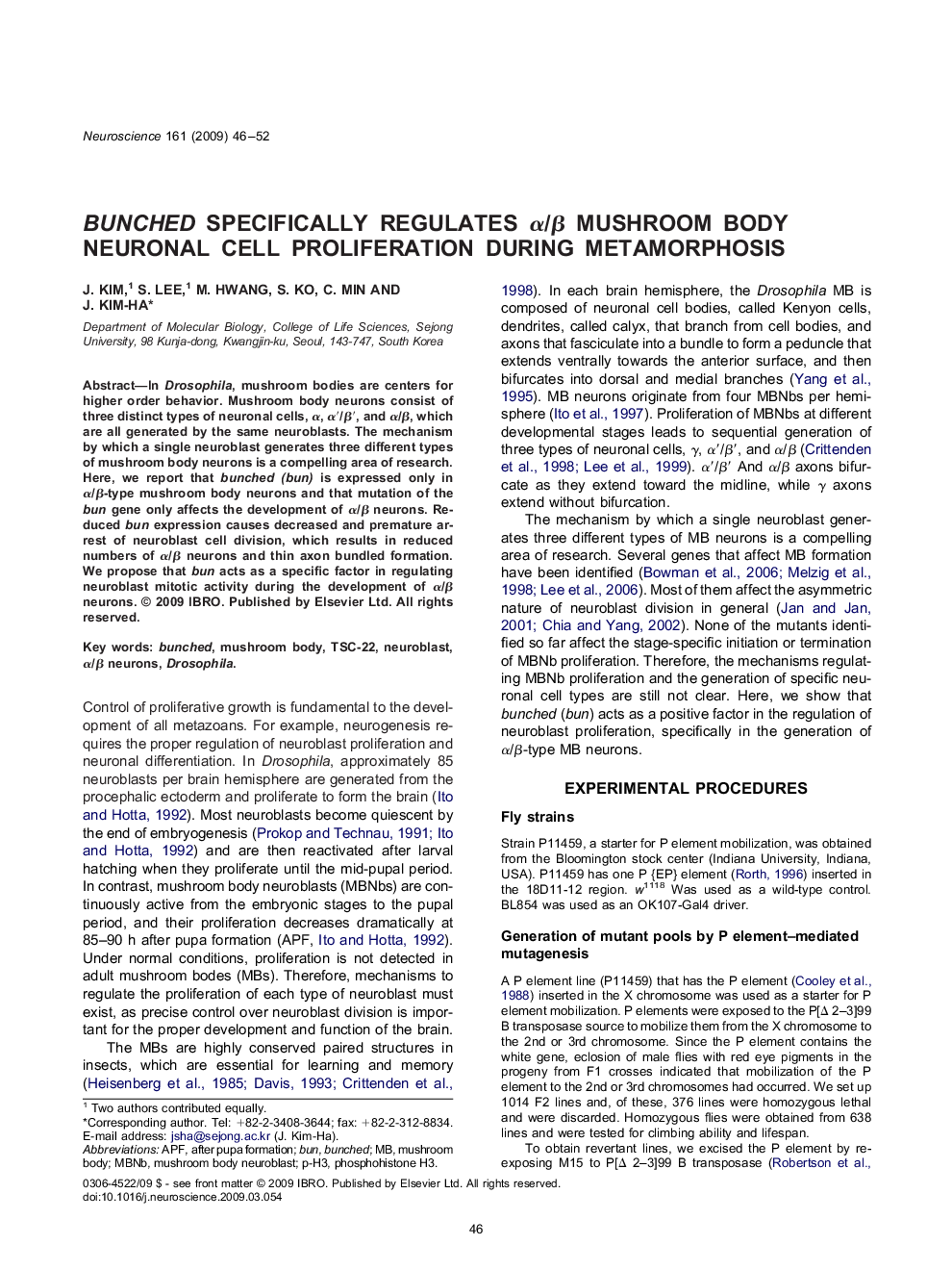 Bunched specifically regulates α/β mushroom body neuronal cell proliferation during metamorphosis