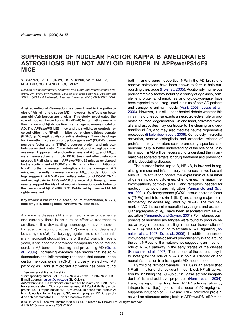 عکس صفحه اول مقاله: Suppression of nuclear factor kappa B ameliorates astrogliosis but not amyloid burden in APPswe/PS1dE9 mice Suppression of nuclear factor kappa B ameliorates astrogliosis but not amyloid burden in APPswe/PS1dE9 mice