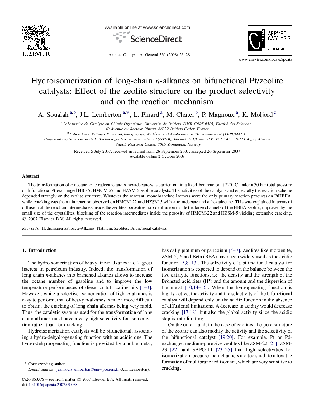 Hydroisomerization of long-chain n-alkanes on bifunctional Pt/zeolite catalysts: Effect of the zeolite structure on the product selectivity and on the reaction mechanism