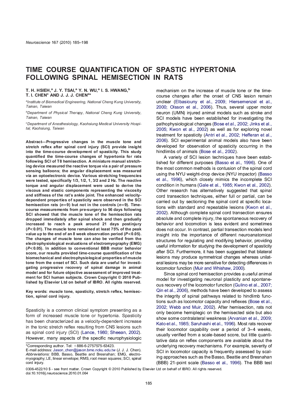 Time course quantification of spastic hypertonia following spinal hemisection in rats