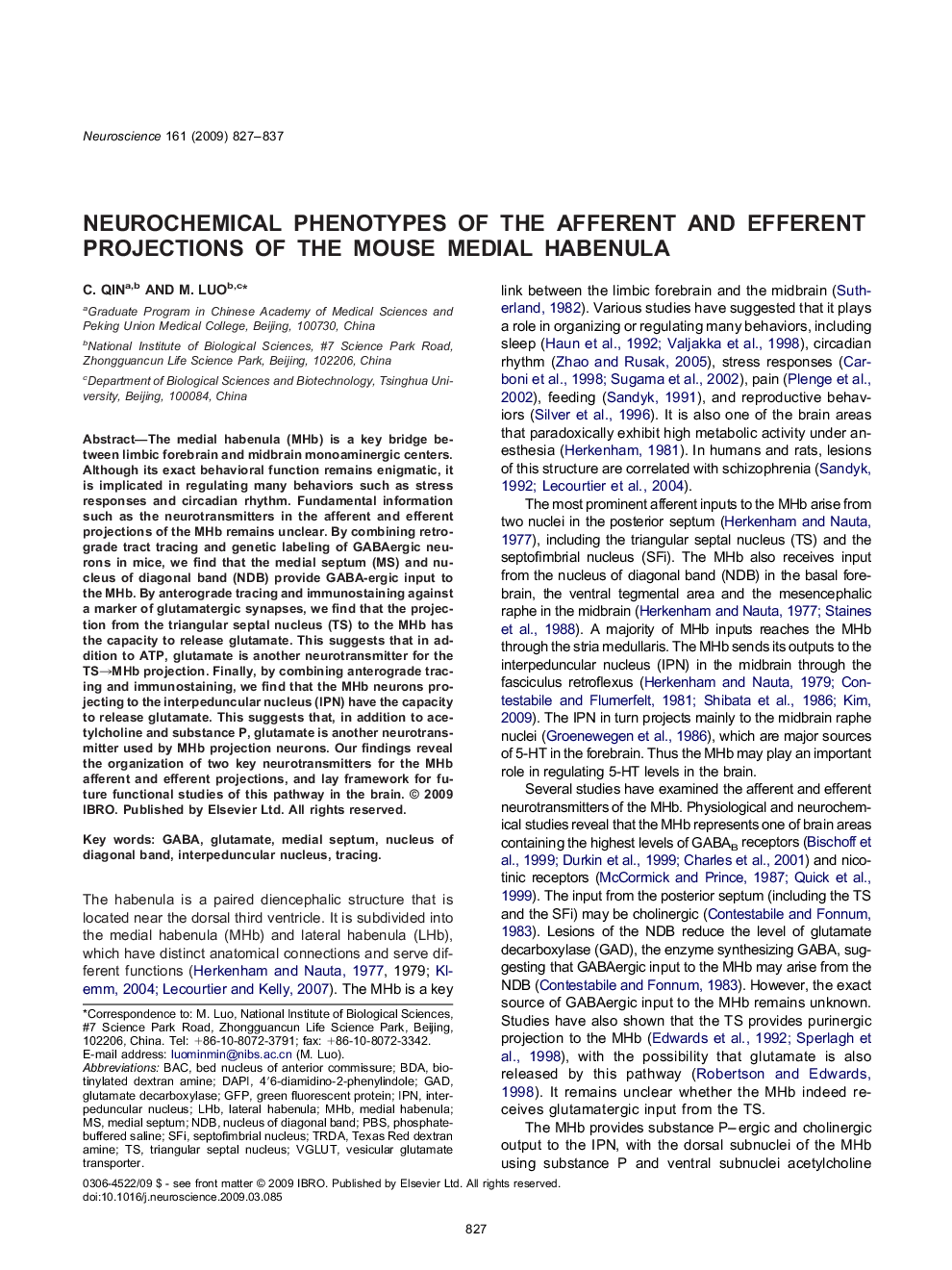 Neurochemical phenotypes of the afferent and efferent projections of the mouse medial habenula