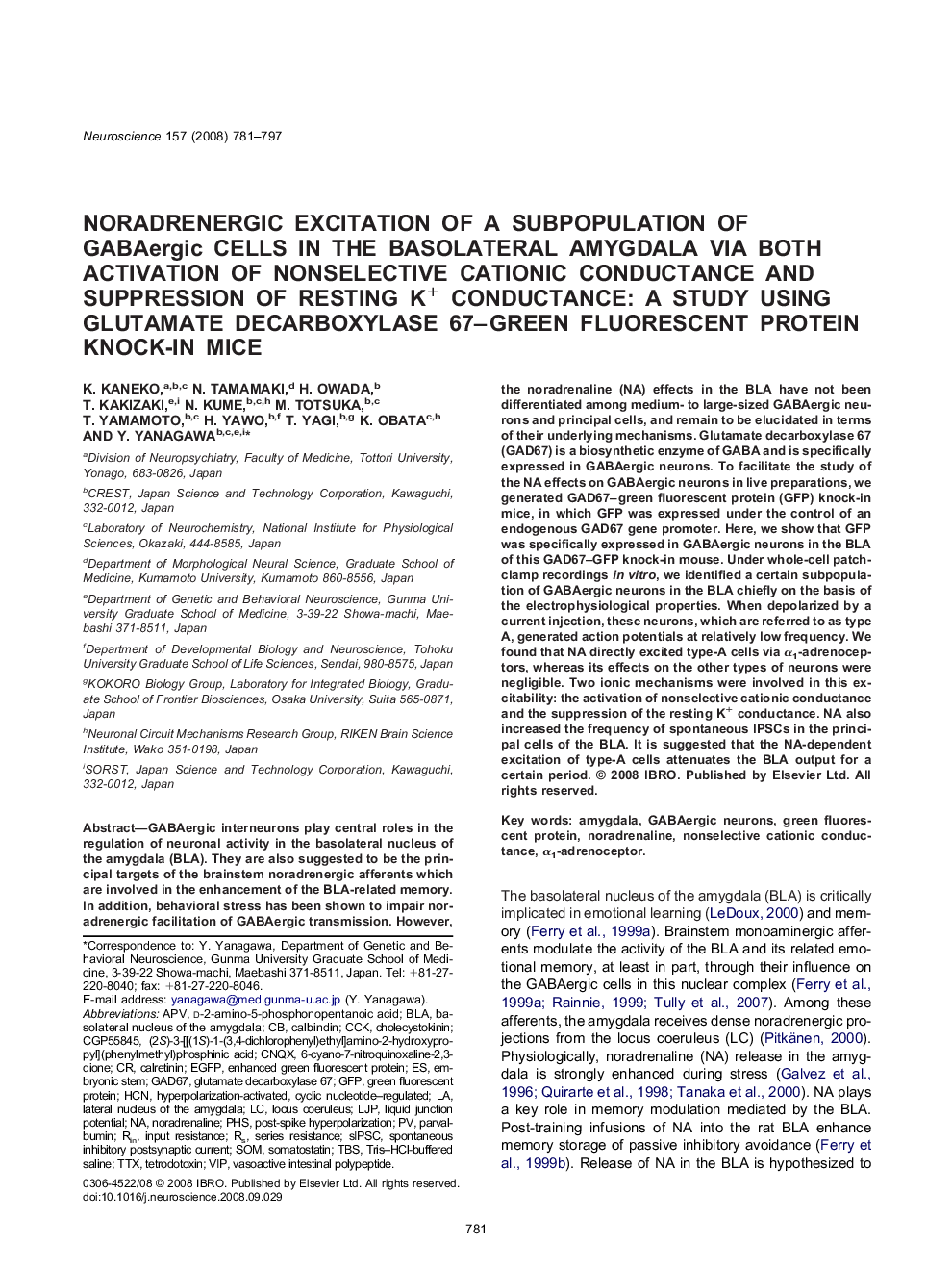 Noradrenergic excitation of a subpopulation of GABAergic cells in the basolateral amygdala via both activation of nonselective cationic conductance and suppression of resting K+ conductance: A study using glutamate decarboxylase 67–green fluorescent prote