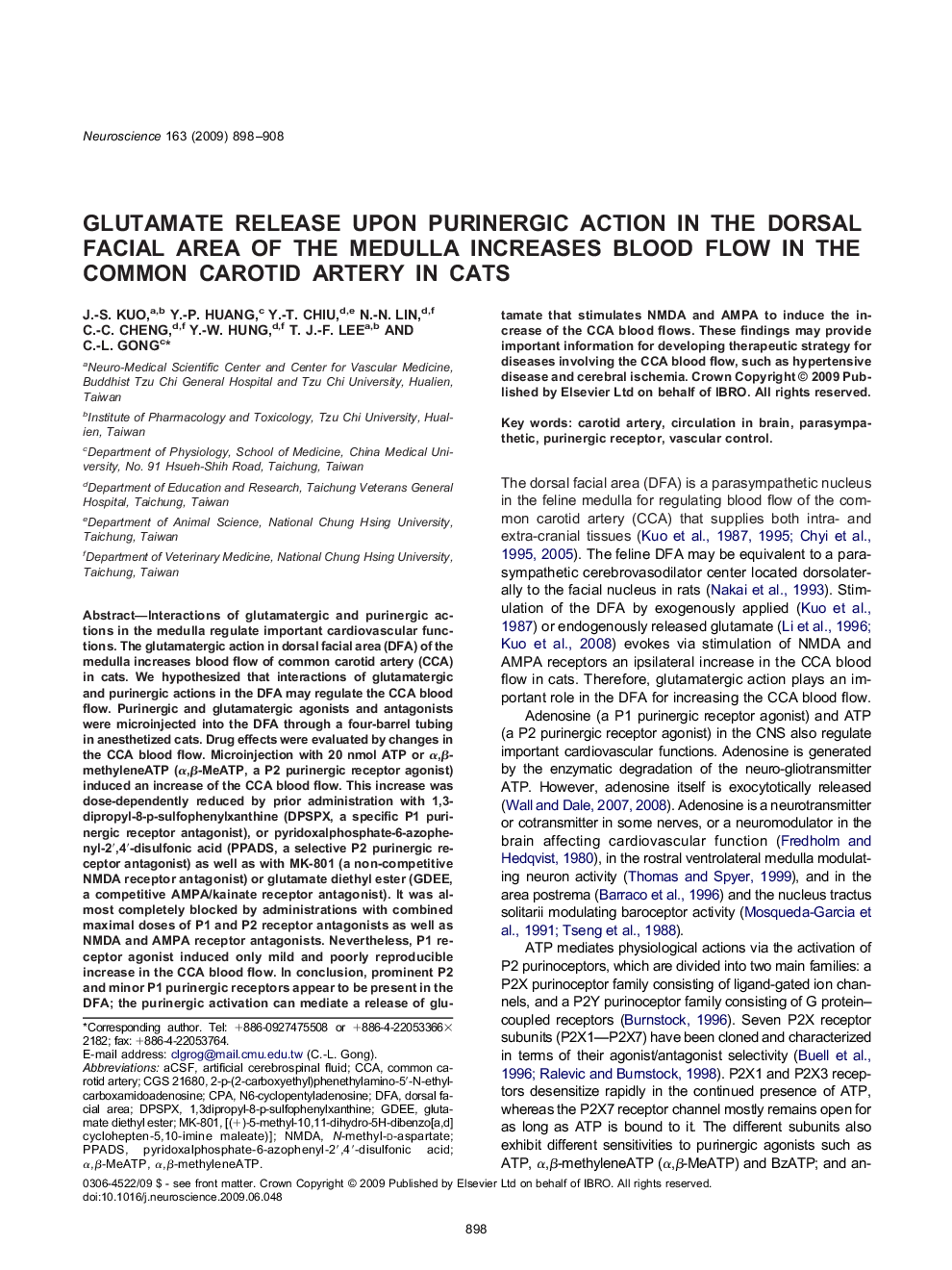 Glutamate release upon purinergic action in the dorsal facial area of the medulla increases blood flow in the common carotid artery in cats