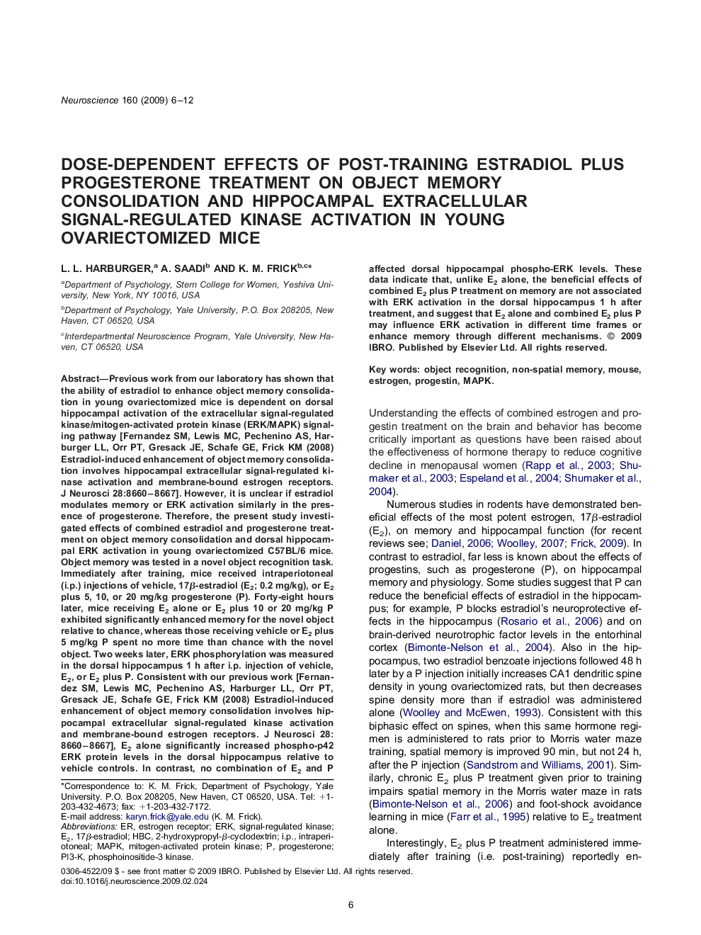 Dose-dependent effects of post-training estradiol plus progesterone treatment on object memory consolidation and hippocampal extracellular signal-regulated kinase activation in young ovariectomized mice