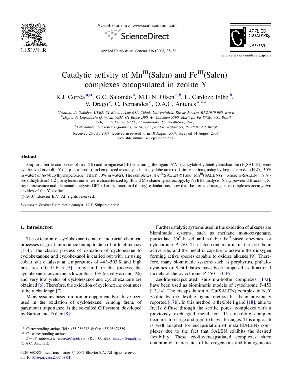 Catalytic activity of MnIII(Salen) and FeIII(Salen) complexes encapsulated in zeolite Y