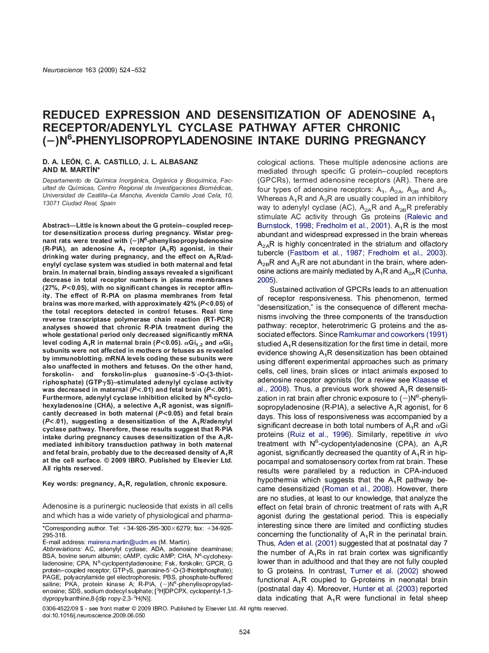 Reduced expression and desensitization of adenosine A1 receptor/adenylyl cyclase pathway after chronic (−)N6-phenylisopropyladenosine intake during pregnancy