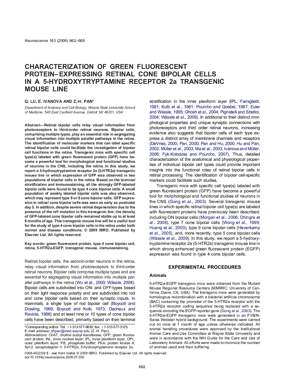 Characterization of green fluorescent protein–expressing retinal cone bipolar cells in a 5-hydroxytryptamine receptor 2a transgenic mouse line