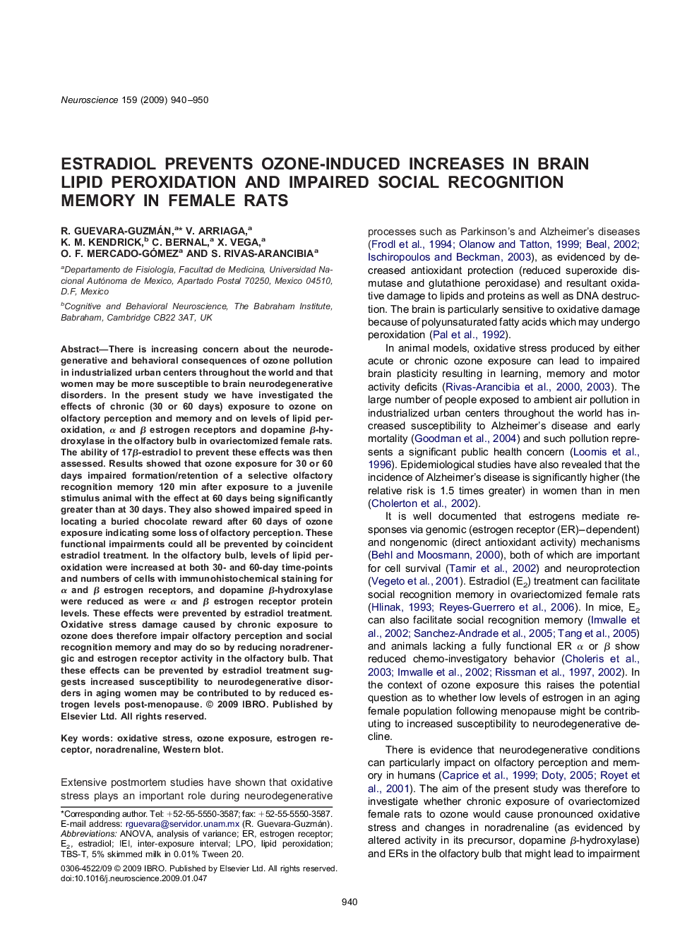 Estradiol prevents ozone-induced increases in brain lipid peroxidation and impaired social recognition memory in female rats