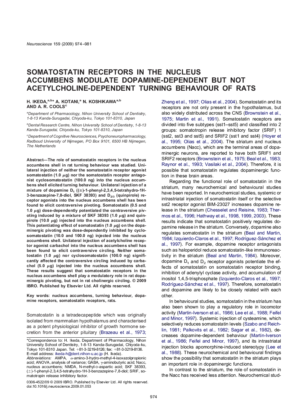 Somatostatin receptors in the nucleus accumbens modulate dopamine-dependent but not acetylcholine-dependent turning behaviour of rats