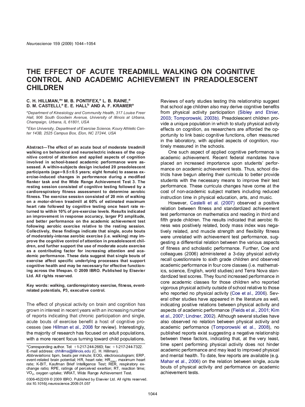 The effect of acute treadmill walking on cognitive control and academic achievement in preadolescent children