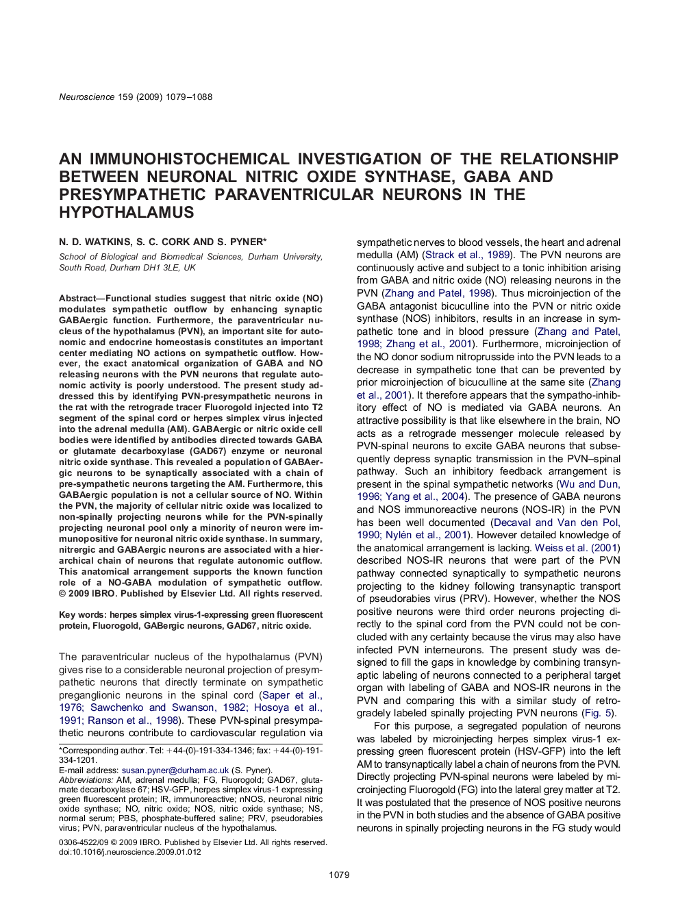 An immunohistochemical investigation of the relationship between neuronal nitric oxide synthase, GABA and presympathetic paraventricular neurons in the hypothalamus