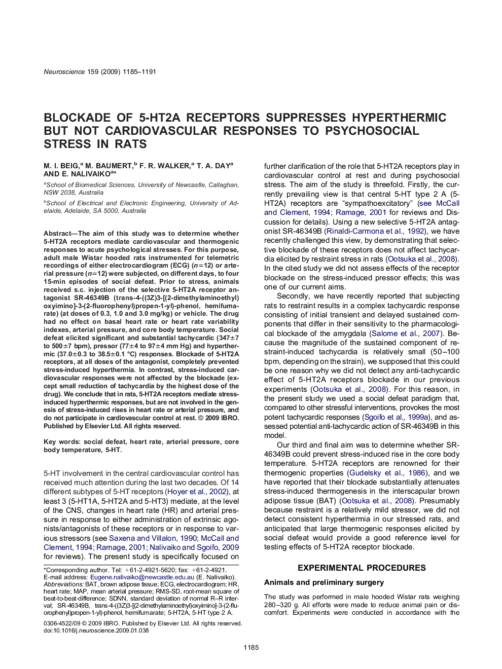 Blockade of 5-HT2A receptors suppresses hyperthermic but not cardiovascular responses to psychosocial stress in rats