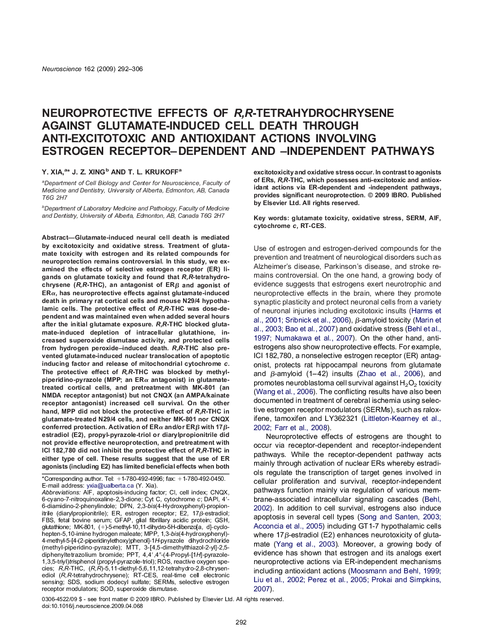 Neuroprotective effects of R,R-tetrahydrochrysene against glutamate-induced cell death through anti-excitotoxic and antioxidant actions involving estrogen receptor–dependent and –independent pathways