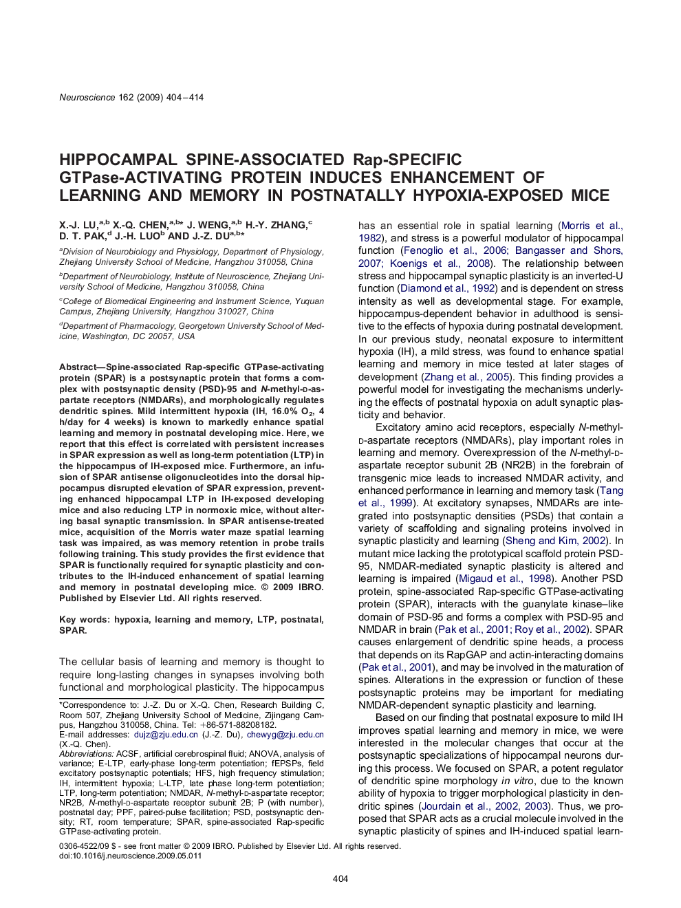 Hippocampal spine-associated Rap-specific GTPase-activating protein induces enhancement of learning and memory in postnatally hypoxia-exposed mice