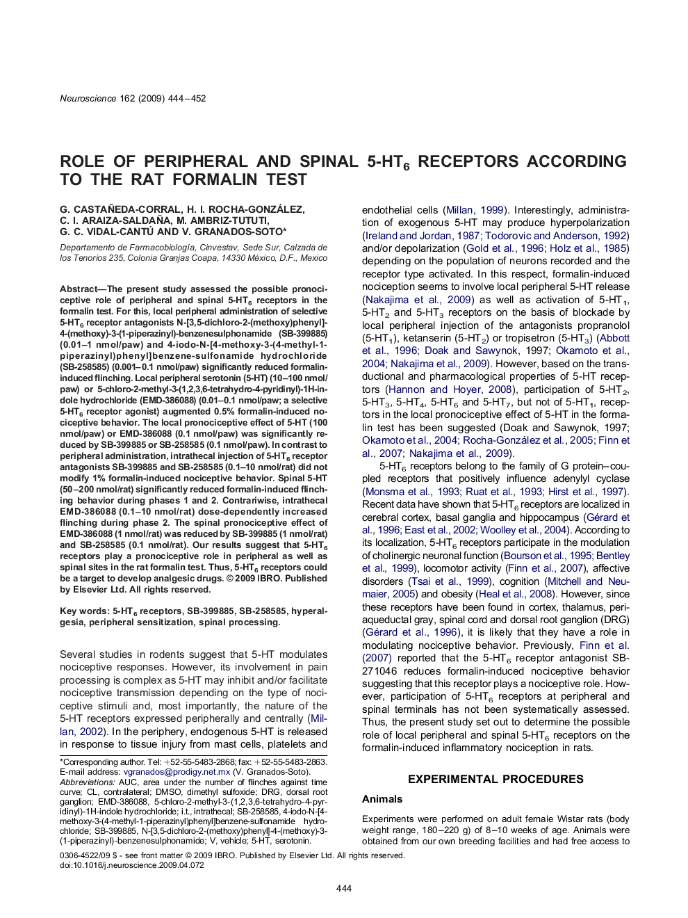 Role of peripheral and spinal 5-HT6 receptors according to the rat formalin test