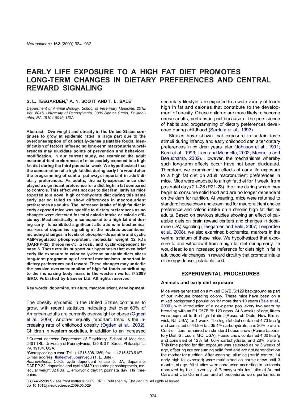 Early life exposure to a high fat diet promotes long-term changes in dietary preferences and central reward signaling