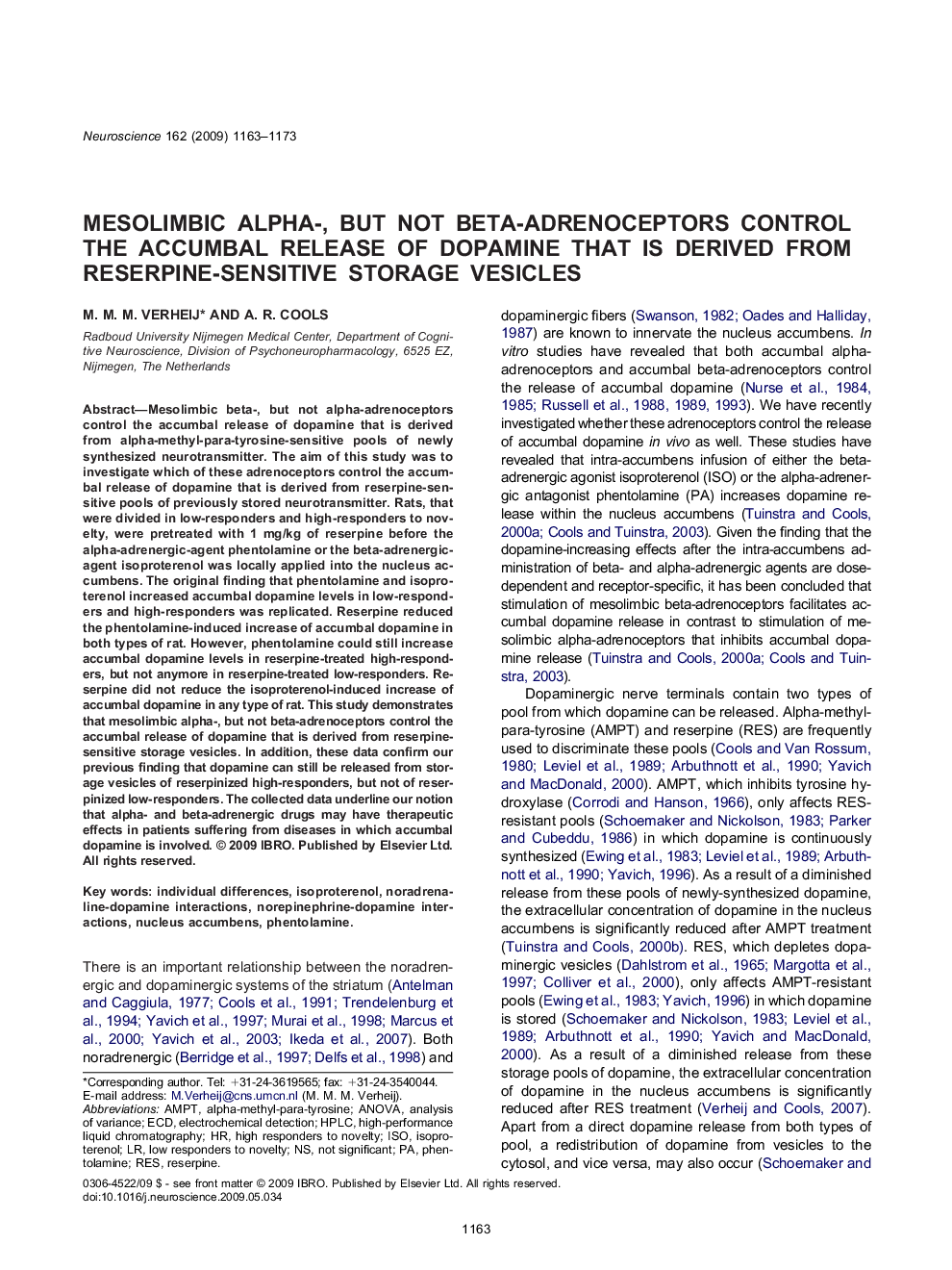 Mesolimbic alpha-, but not beta-adrenoceptors control the accumbal release of dopamine that is derived from reserpine-sensitive storage vesicles