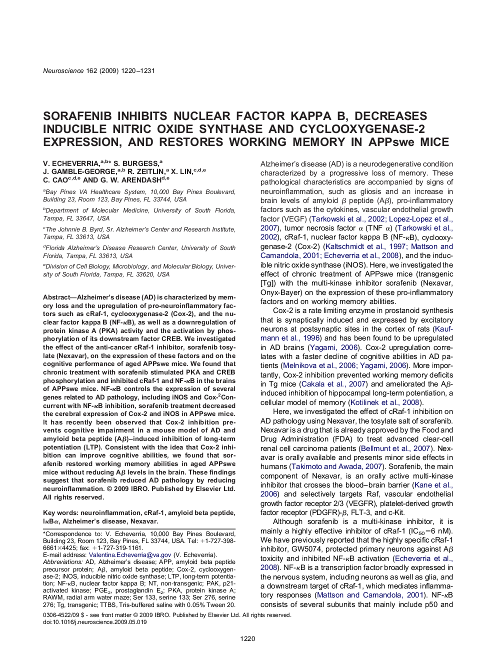 Sorafenib inhibits nuclear factor kappa B, decreases inducible nitric oxide synthase and cyclooxygenase-2 expression, and restores working memory in APPswe mice