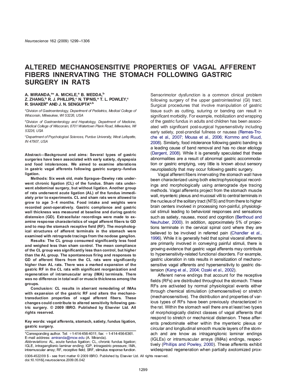 Altered mechanosensitive properties of vagal afferent fibers innervating the stomach following gastric surgery in rats