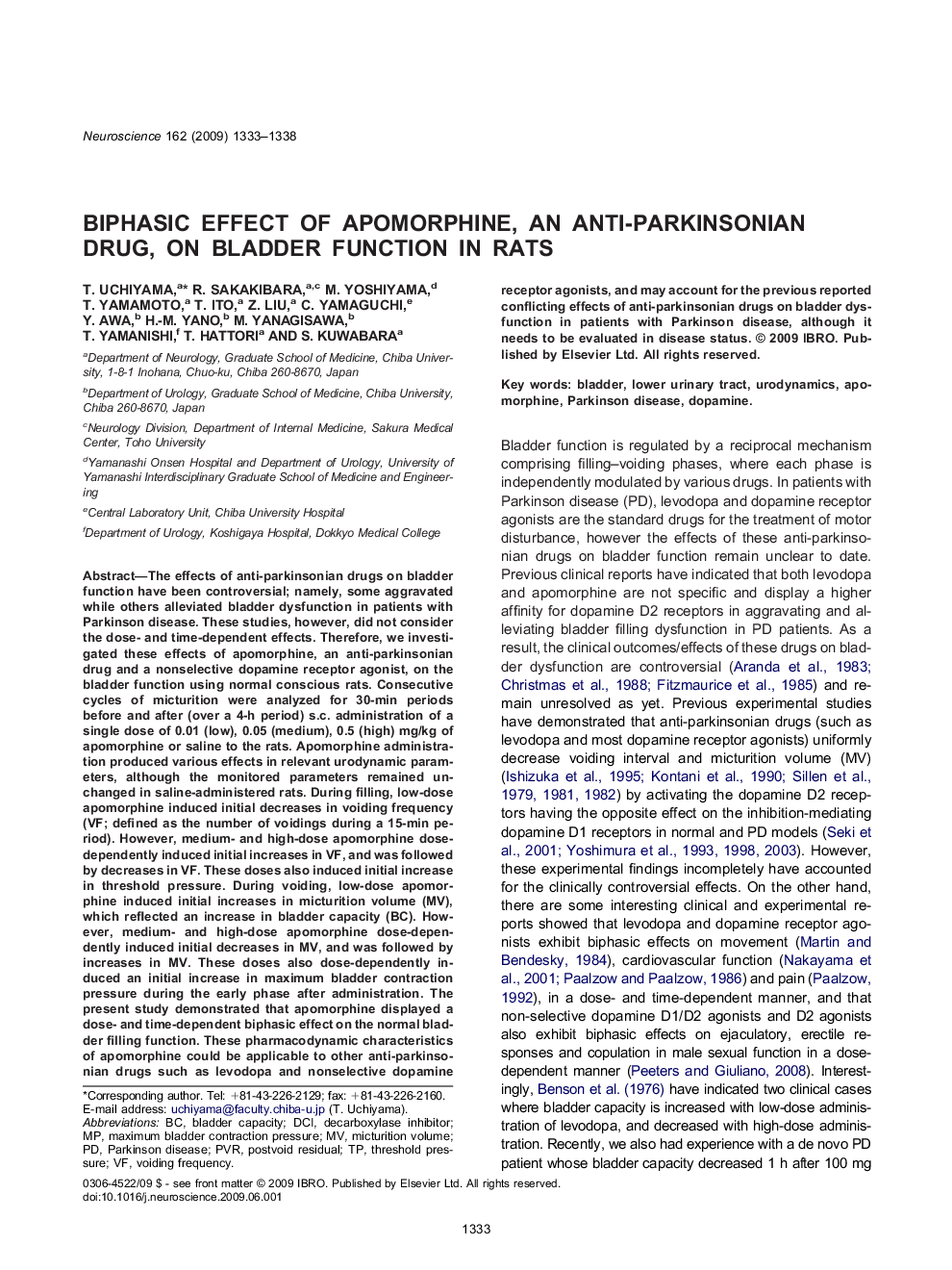 Biphasic effect of apomorphine, an anti-parkinsonian drug, on bladder function in rats