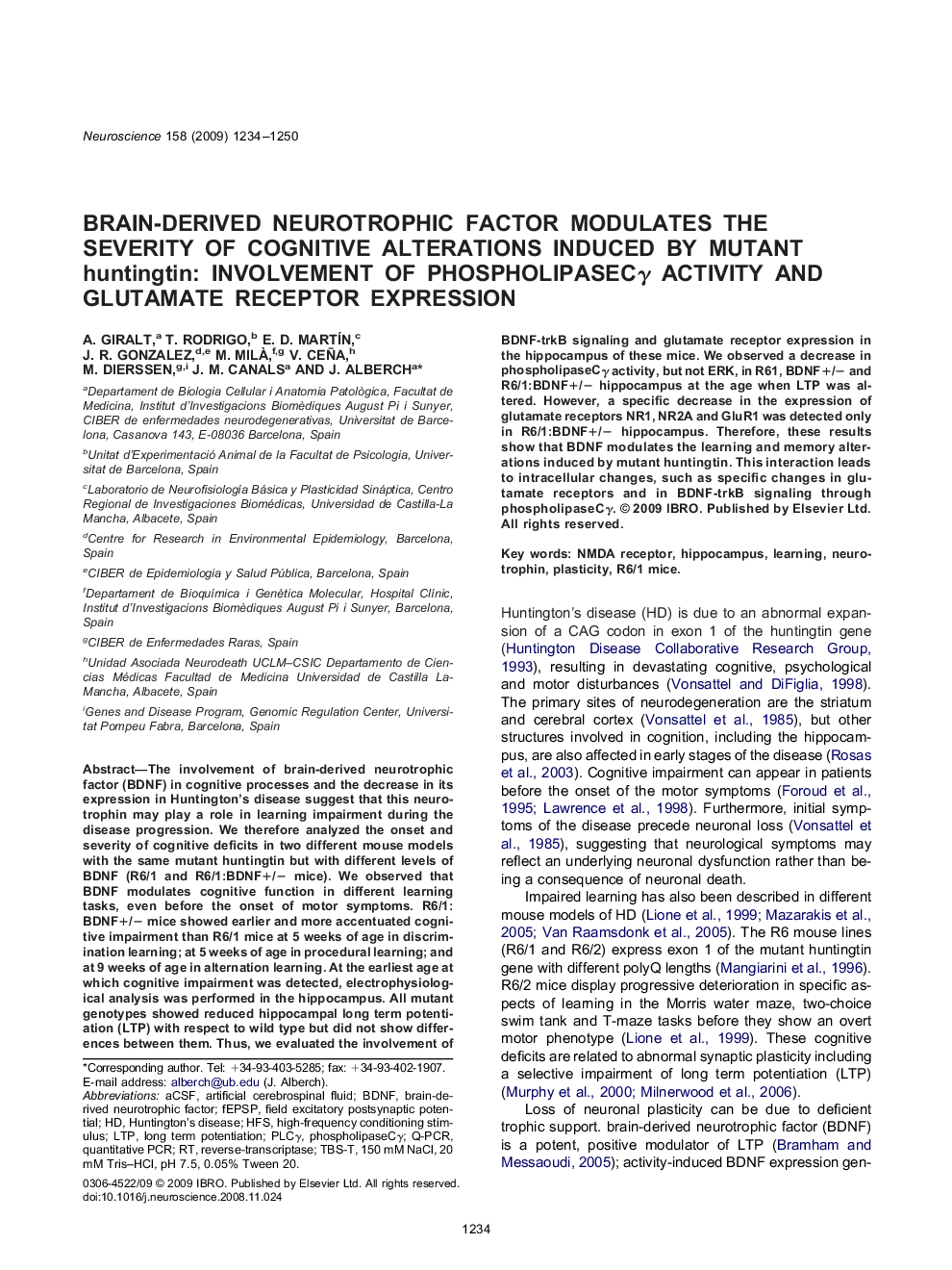 Brain-derived neurotrophic factor modulates the severity of cognitive alterations induced by mutant huntingtin: Involvement of phospholipaseCγ activity and glutamate receptor expression