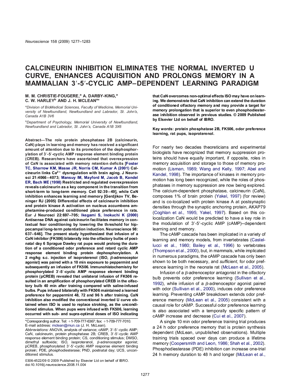 Calcineurin inhibition eliminates the normal inverted U curve, enhances acquisition and prolongs memory in a mammalian 3′-5′-cyclic AMP–dependent learning paradigm