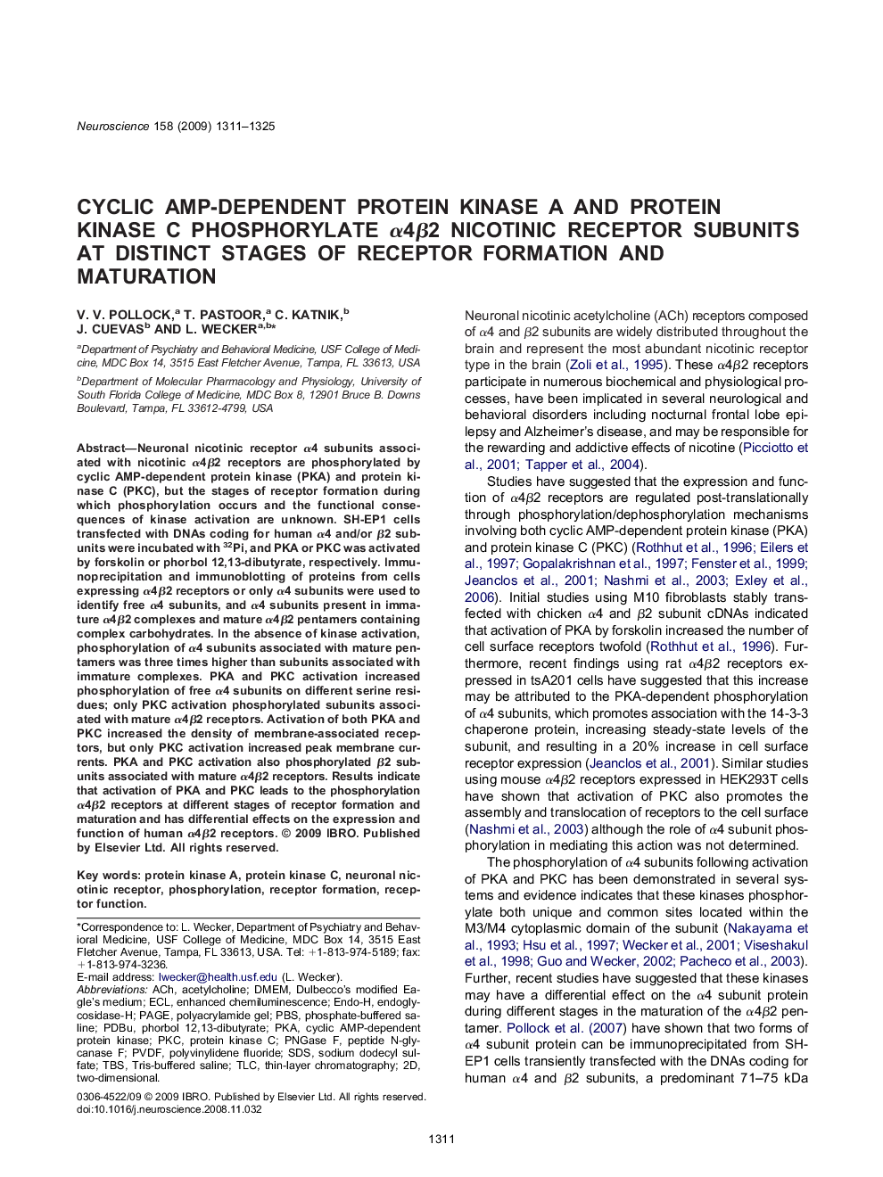 Cyclic AMP-dependent protein kinase A and protein kinase C phosphorylate Î±4Î²2 nicotinic receptor subunits at distinct stages of receptor formation and maturation