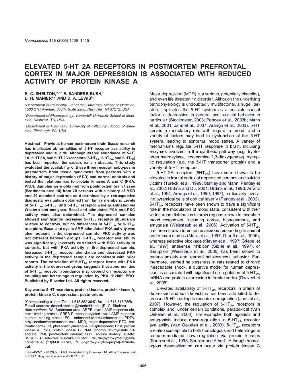 Elevated 5-HT 2A receptors in postmortem prefrontal cortex in major depression is associated with reduced activity of protein kinase A