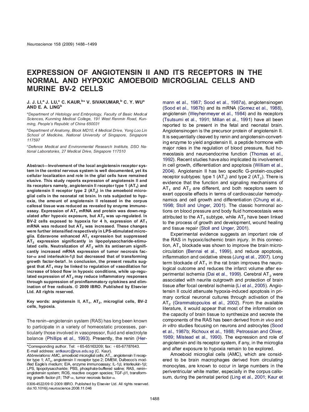 Expression of angiotensin II and its receptors in the normal and hypoxic amoeboid microglial cells and murine BV-2 cells