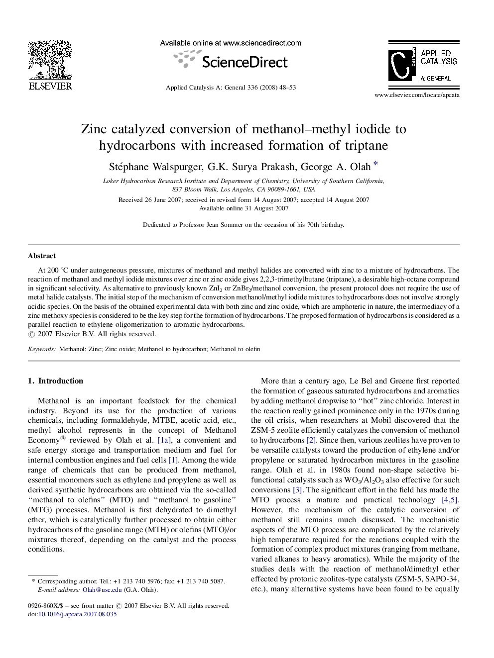 Zinc catalyzed conversion of methanol–methyl iodide to hydrocarbons with increased formation of triptane