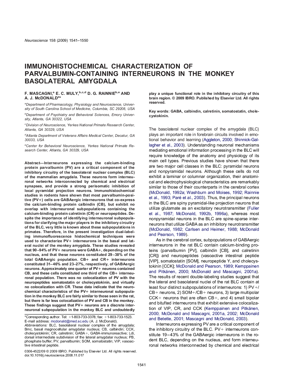 Immunohistochemical characterization of parvalbumin-containing interneurons in the monkey basolateral amygdala