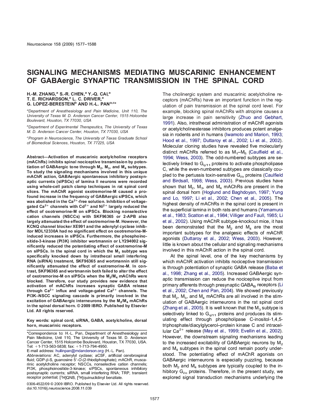 Signaling mechanisms mediating muscarinic enhancement of GABAergic synaptic transmission in the spinal cord