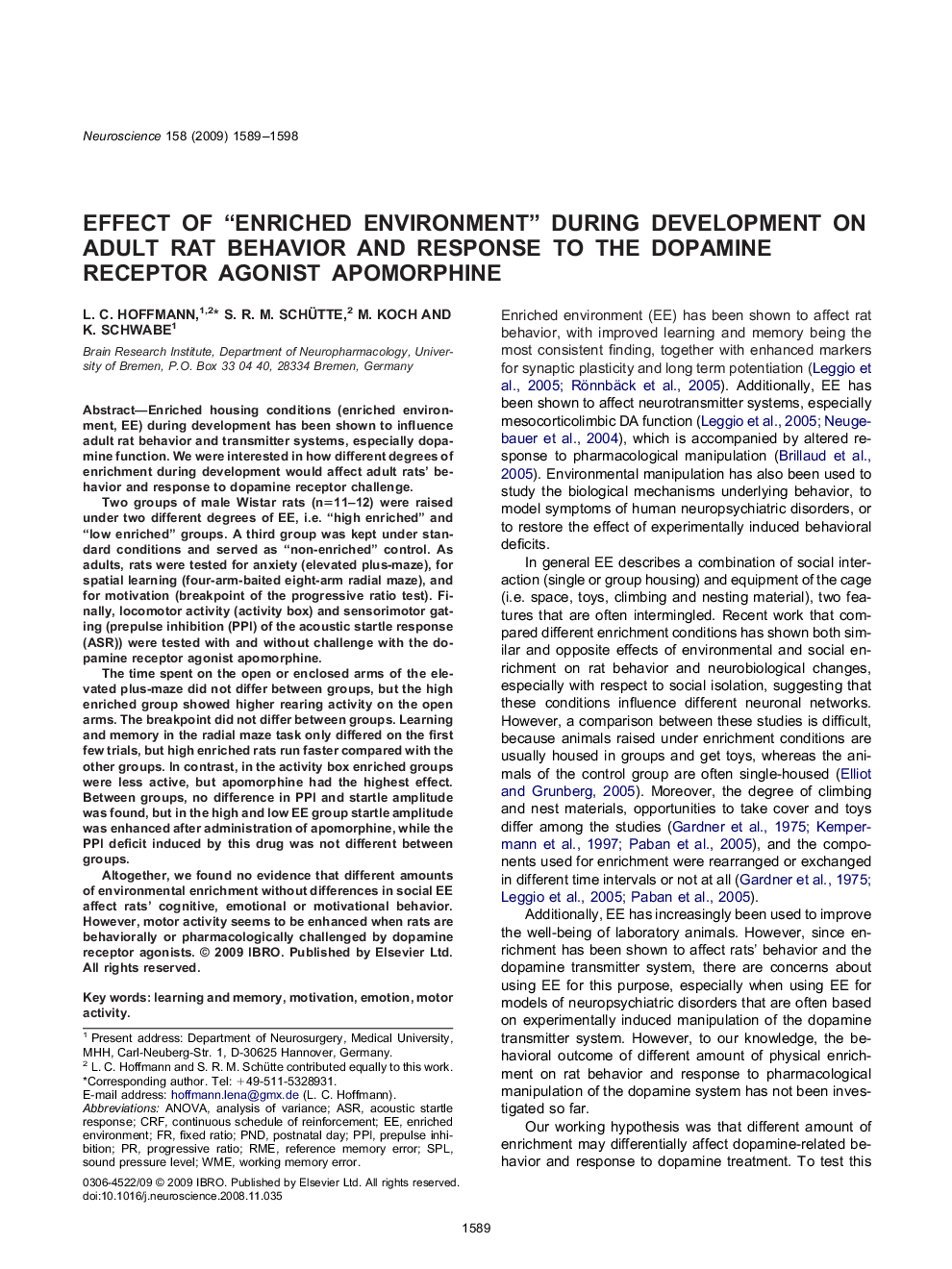 Effect of “enriched environment” during development on adult rat behavior and response to the dopamine receptor agonist apomorphine