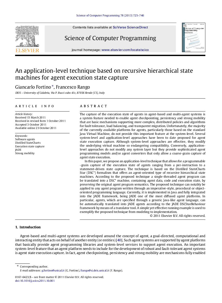 An application-level technique based on recursive hierarchical state machines for agent execution state capture