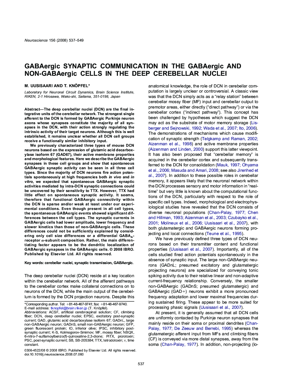 GABAergic synaptic communication in the GABAergic and non-GABAergic cells in the deep cerebellar nuclei
