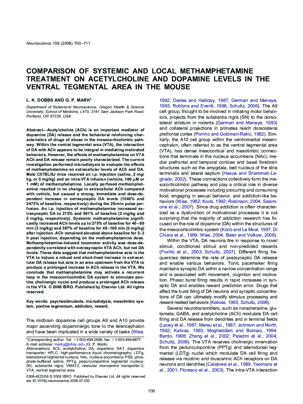 Comparison of systemic and local methamphetamine treatment on acetylcholine and dopamine levels in the ventral tegmental area in the mouse
