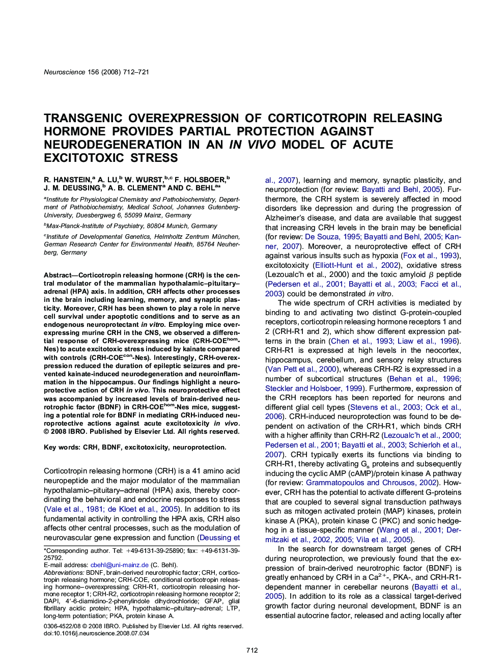 Transgenic overexpression of corticotropin releasing hormone provides partial protection against neurodegeneration in an in vivo model of acute excitotoxic stress