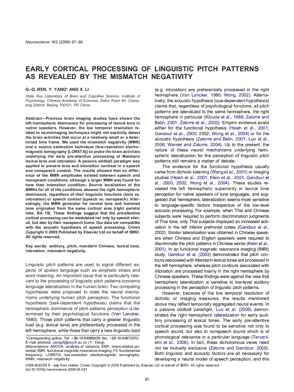 Early cortical processing of linguistic pitch patterns as revealed by the mismatch negativity