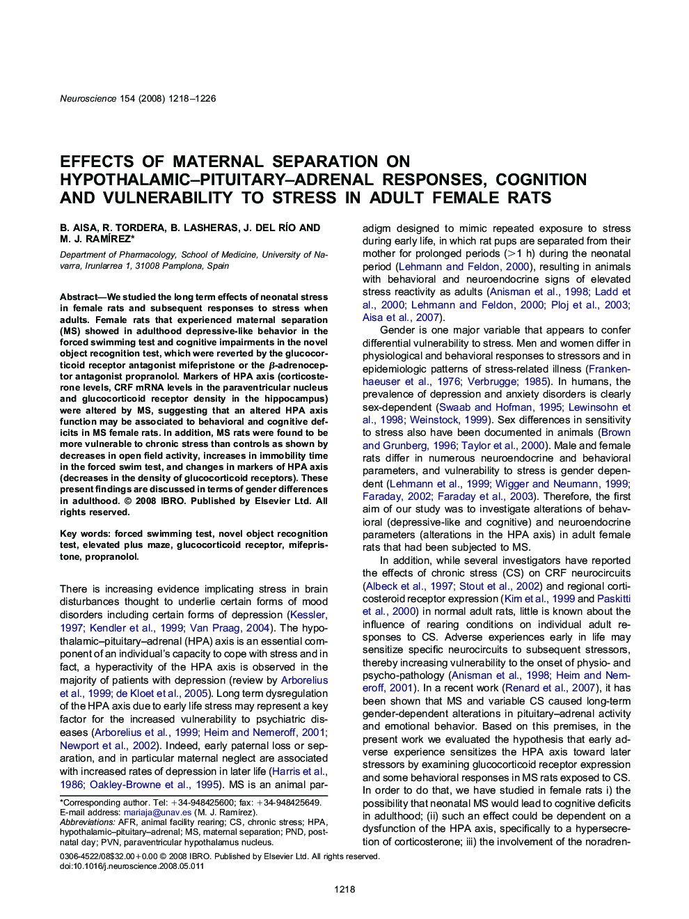 Effects of maternal separation on hypothalamic–pituitary–adrenal responses, cognition and vulnerability to stress in adult female rats