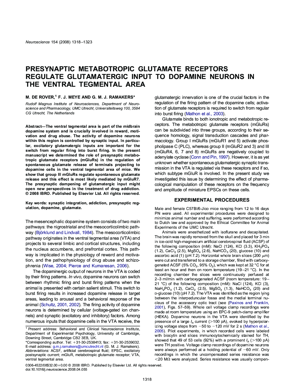 Presynaptic metabotropic glutamate receptors regulate glutamatergic input to dopamine neurons in the ventral tegmental area
