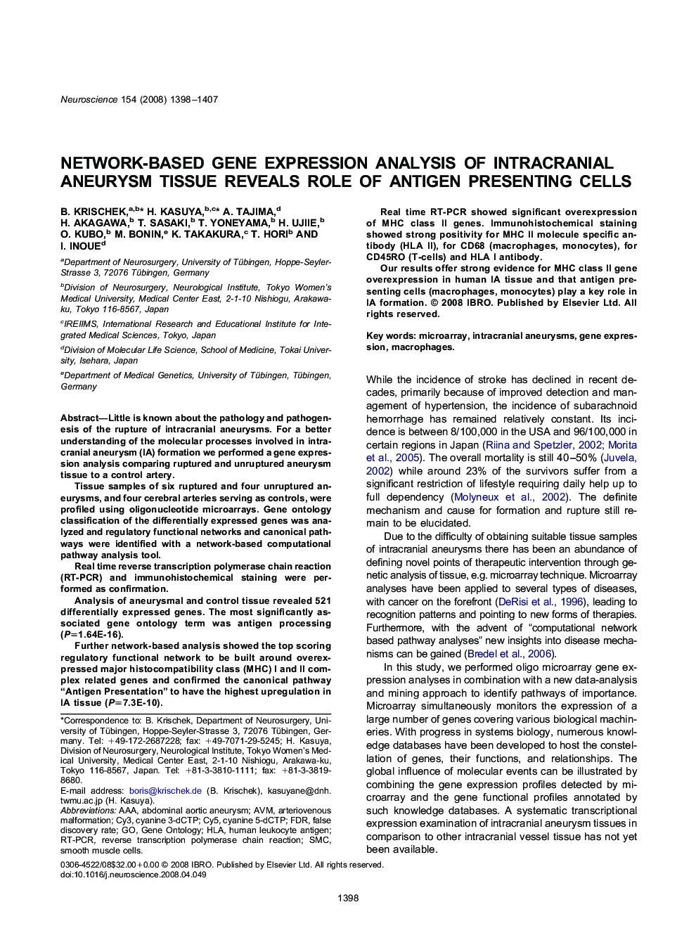 Network-based gene expression analysis of intracranial aneurysm tissue reveals role of antigen presenting cells