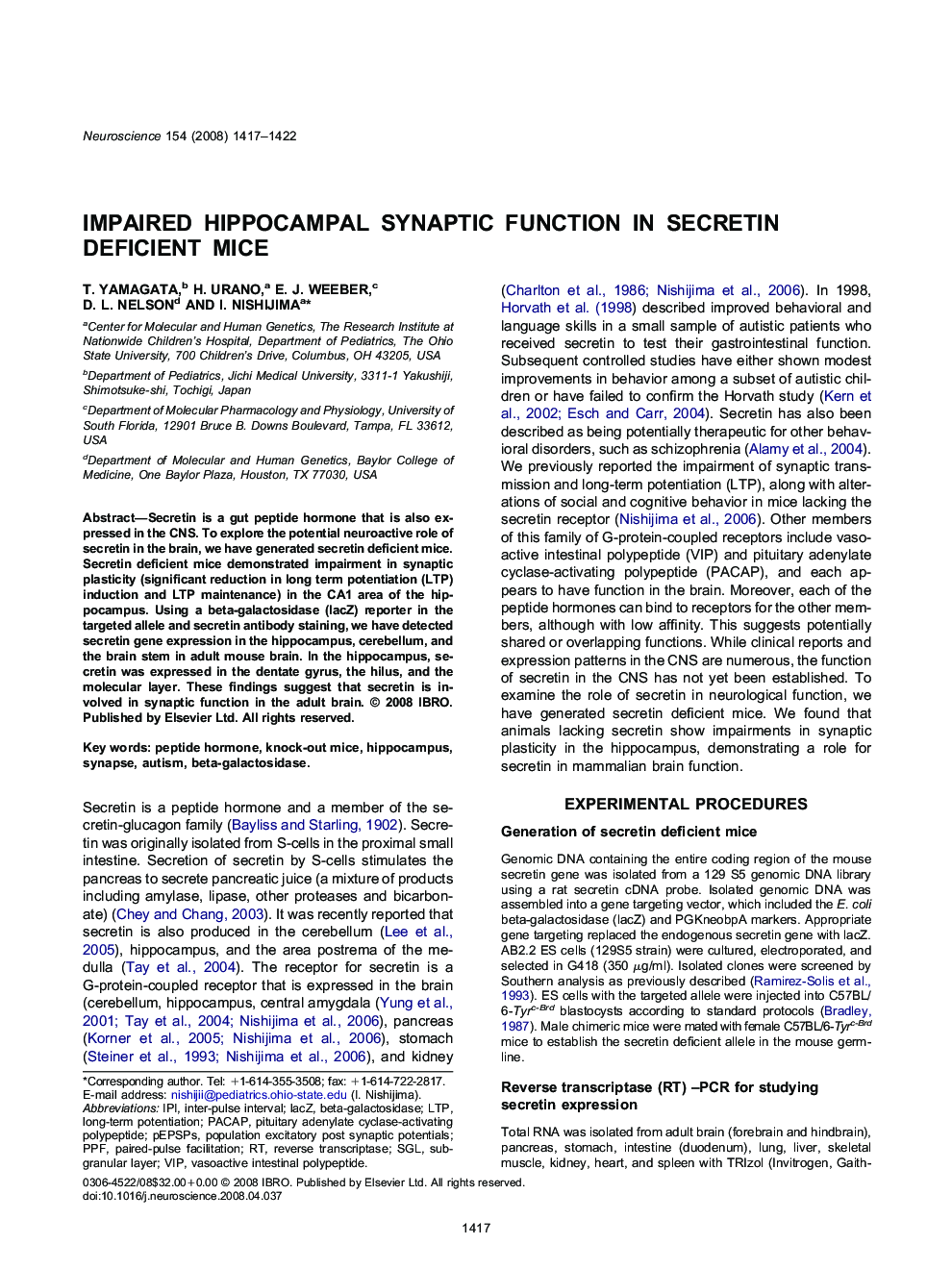 Impaired hippocampal synaptic function in secretin deficient mice