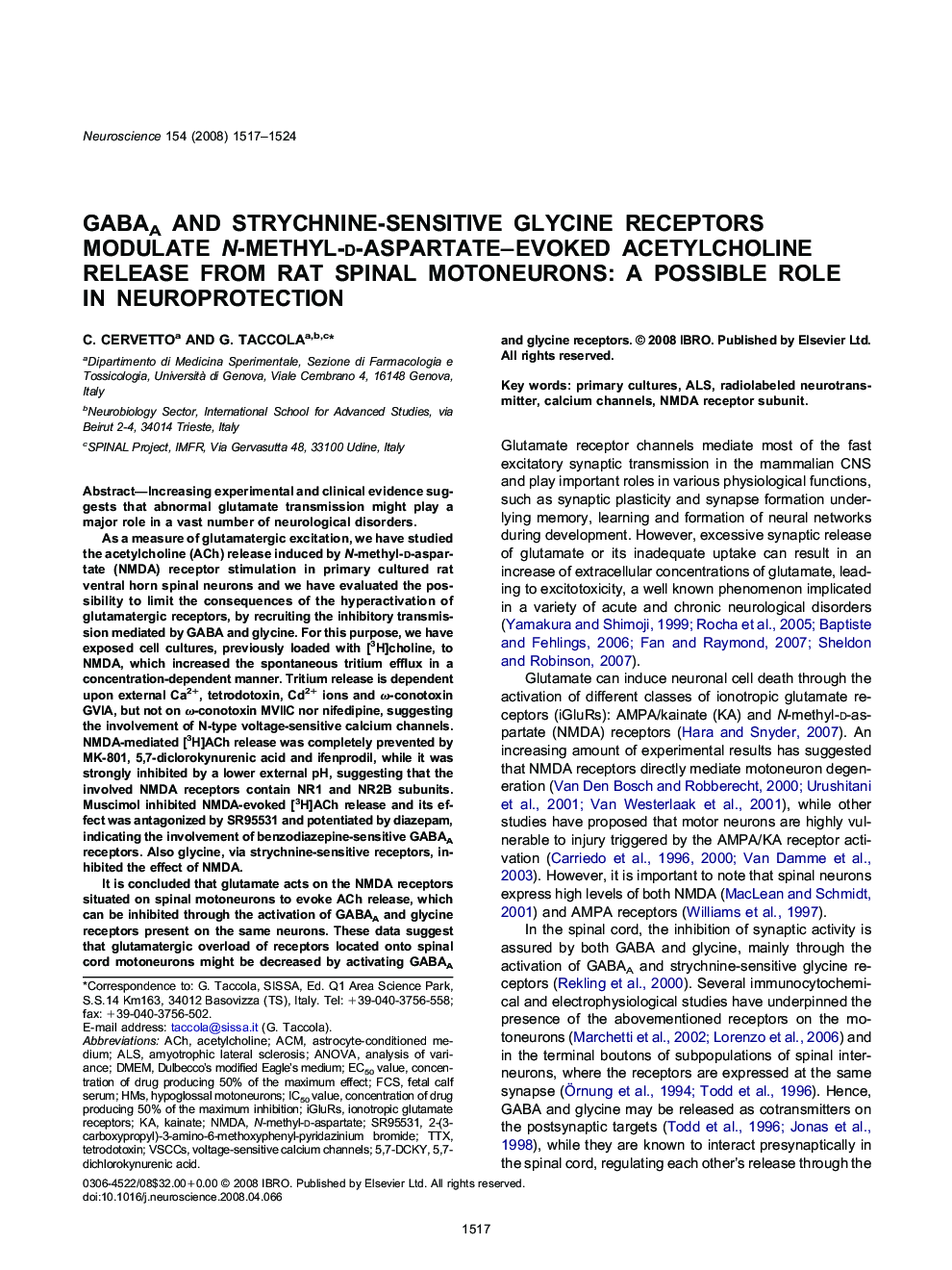 GABAA and strychnine-sensitive glycine receptors modulate N-methyl-d-aspartate-evoked acetylcholine release from rat spinal motoneurons: A possible role in neuroprotection