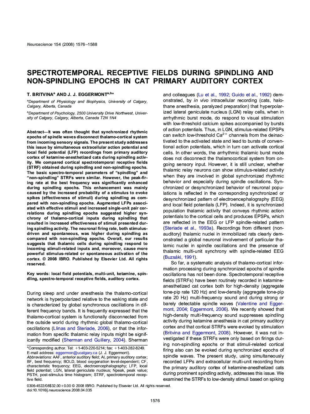 Spectrotemporal receptive fields during spindling and non-spindling epochs in cat primary auditory cortex