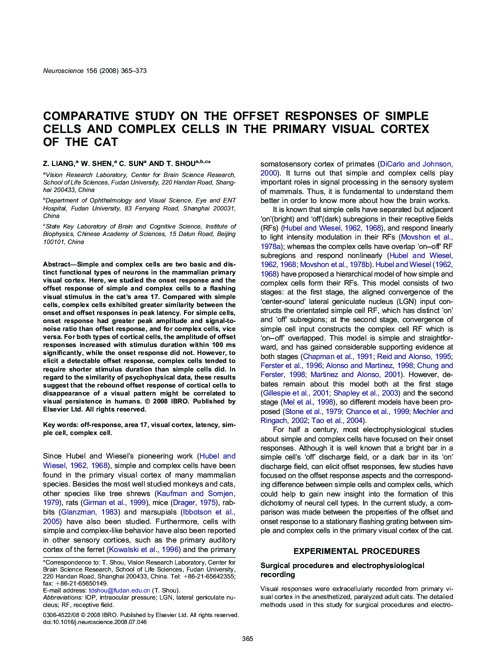 Comparative study on the offset responses of simple cells and complex cells in the primary visual cortex of the cat