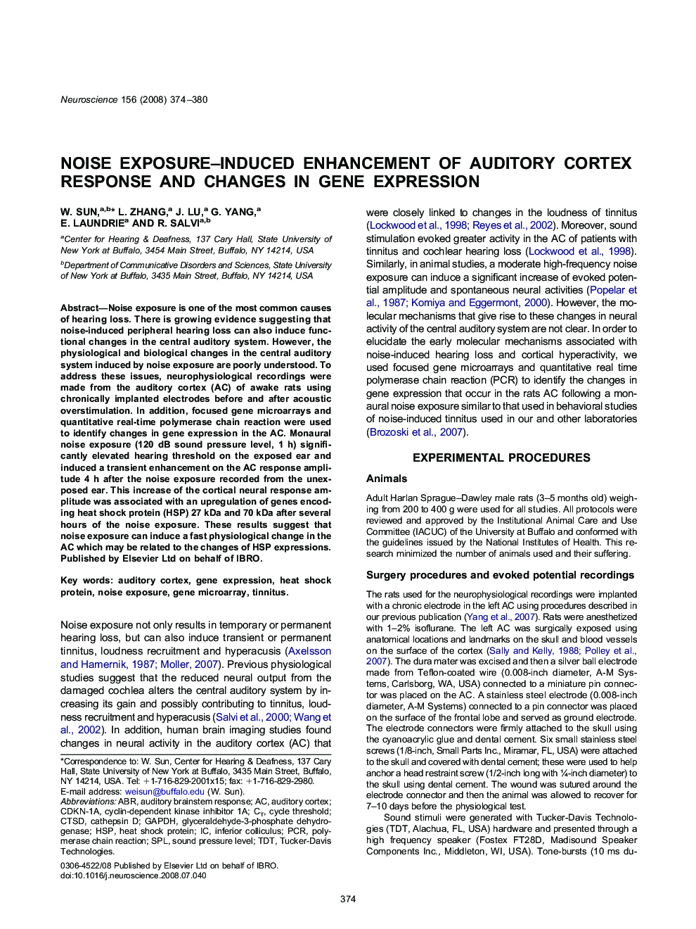 Noise exposure–induced enhancement of auditory cortex response and changes in gene expression