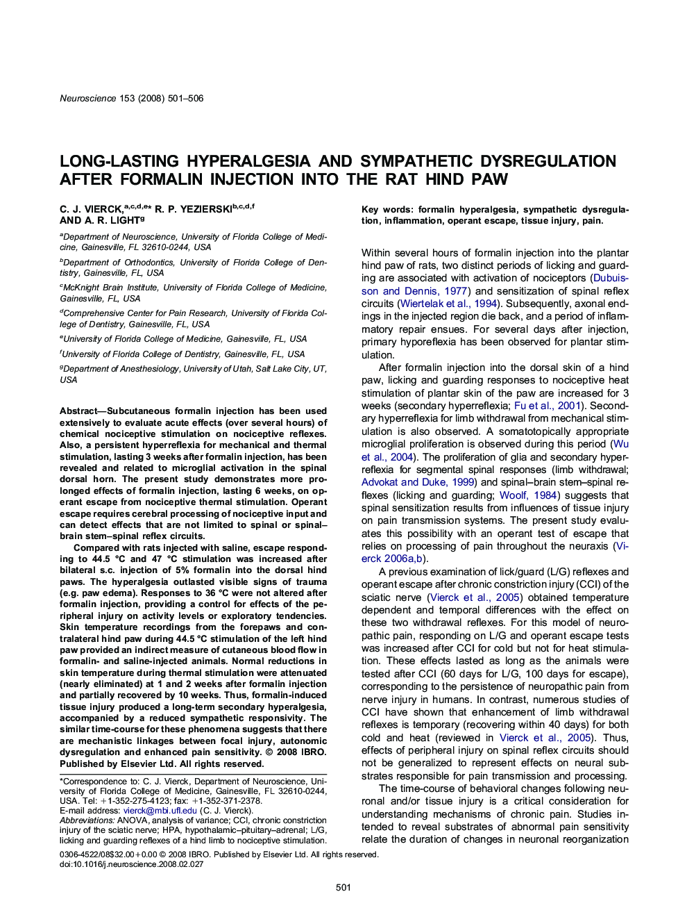 Long-lasting hyperalgesia and sympathetic dysregulation after formalin injection into the rat hind paw